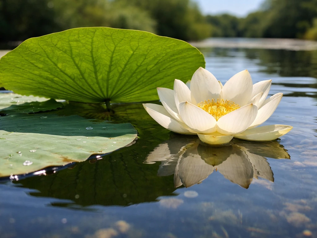 White lotus in bright midday sun on a calm pond with vivid leaf and water reflections