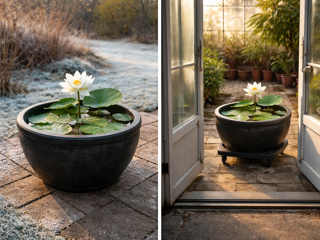 White lotus in a container on an outdoor patio, with the pot moved toward a sunlit greenhouse for winter.