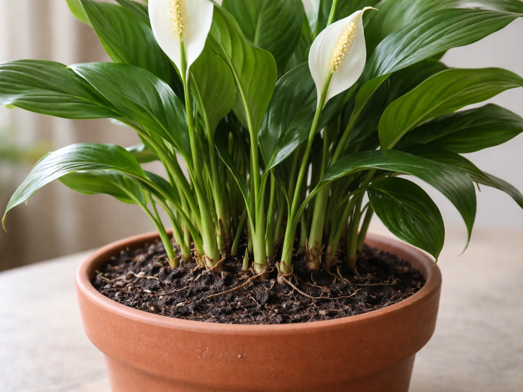 Healthy peace lily in a pot with visible clump crowns and green shoots at the base