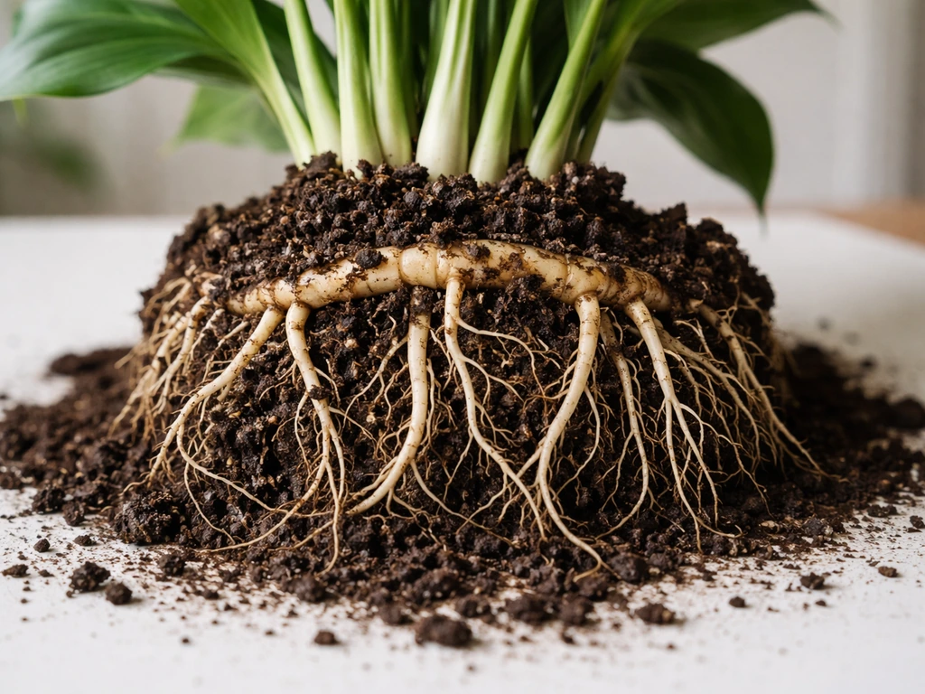 Peace lily clump with soil removed to show roots and rhizomes under the plant.