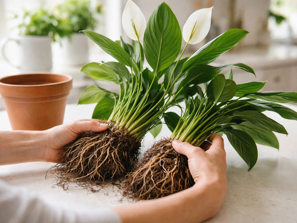 Peace lily plant pulled from a pot with the clump being split into separate sections