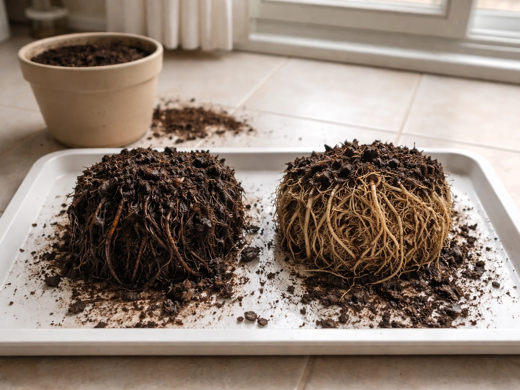 Overwatered houseplant pulled from pot showing dark, rotting roots beside healthier roots