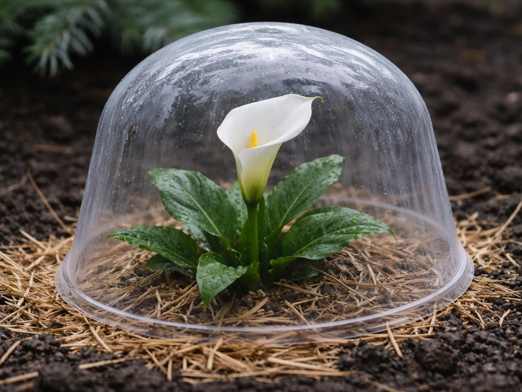 Close-up of calla lilies beside mulch and a simple winter cover under soft daylight