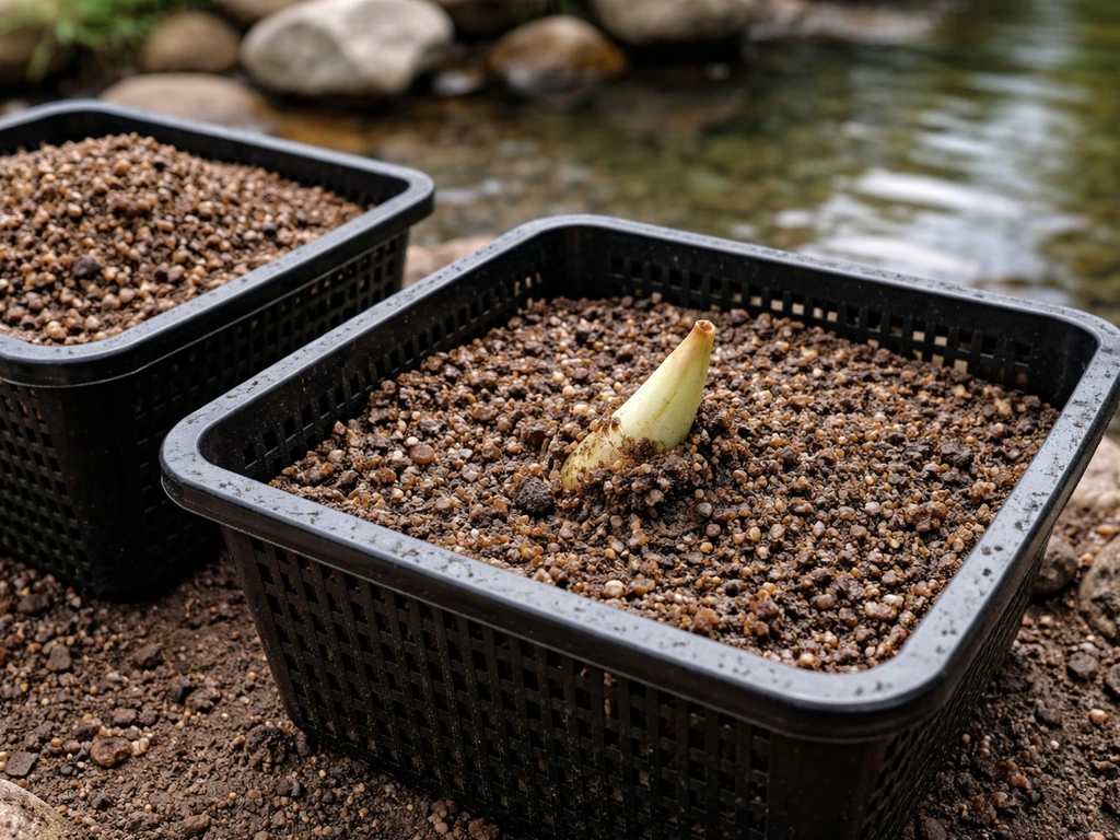Close-up planting a calla rhizome in a pond-edge basket, showing correct depth and orientation.
