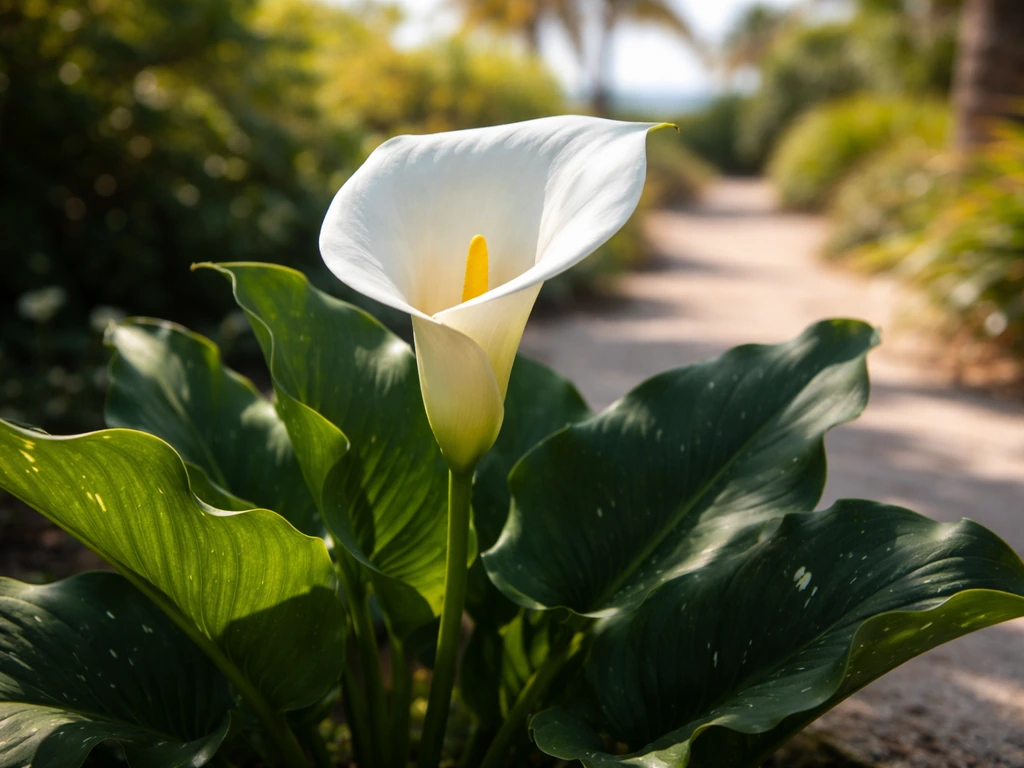 Close-up of calla lilies thriving in warm coastal shade with soft sun and shadow hints of late afternoon