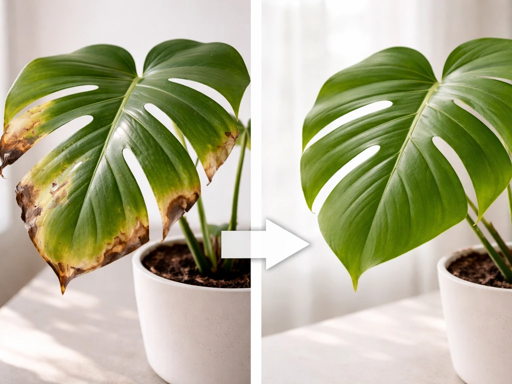 Left shows scorched/bleached leaf edges; right shows healthy leaf under filtered light with a plain arrow.