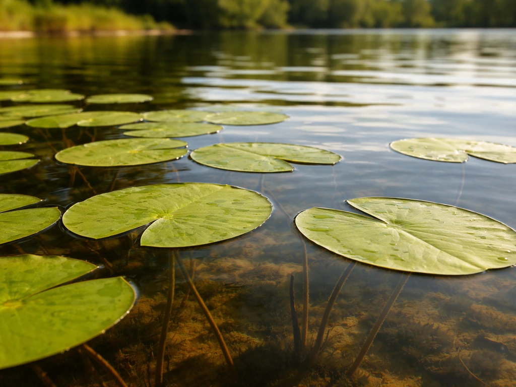 Sunlit lily pads floating on a still pond, with faint underwater anchoring visible