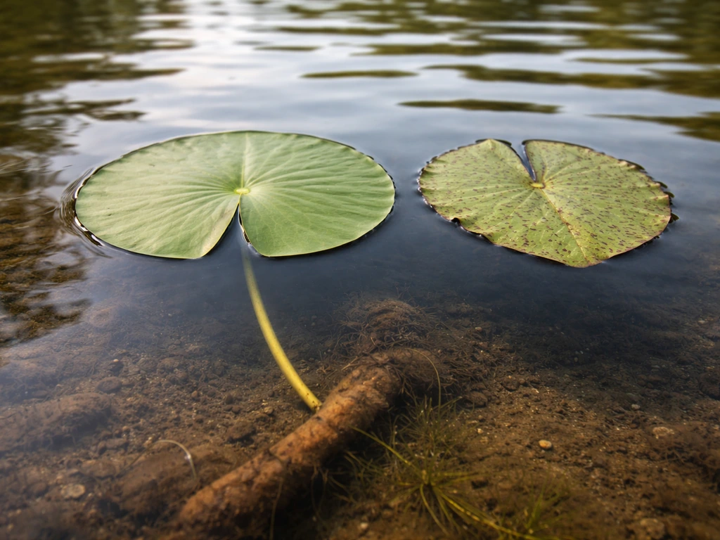 Close-up of a water lily leaf with visible underwater anchor, beside a different floating leaf lookalike.
