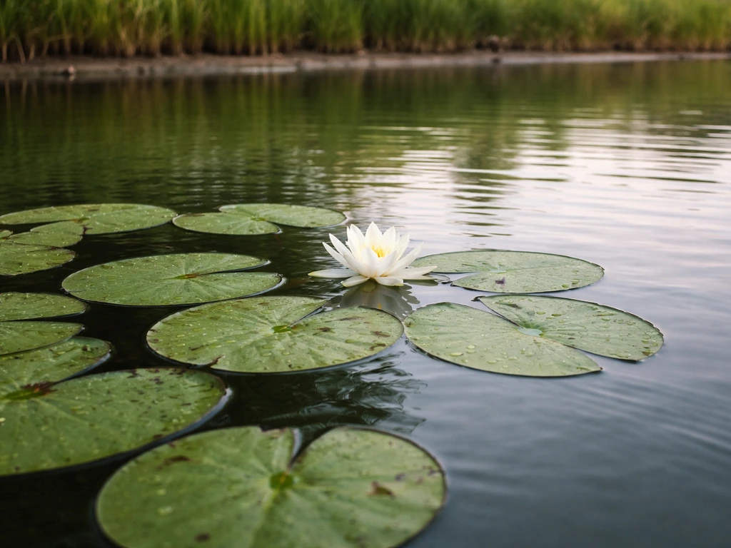 American wild water lily with broad lily pads in a calm North American pond