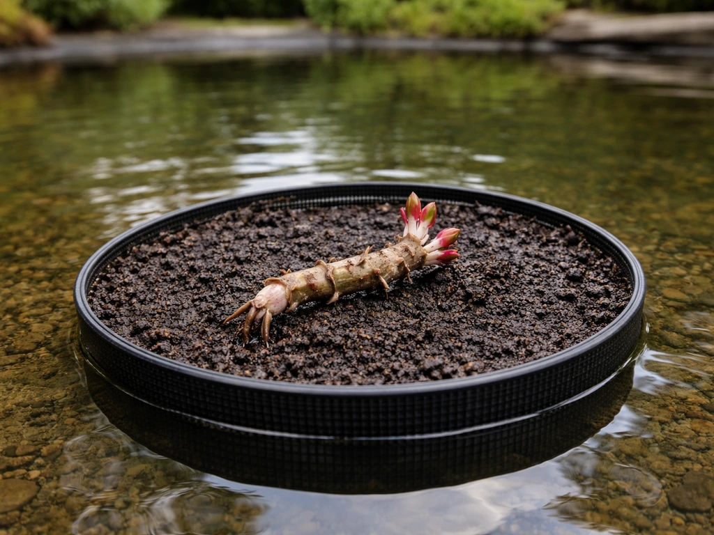 Water lily rhizome in a planting basket set into a shallow garden pond with still water