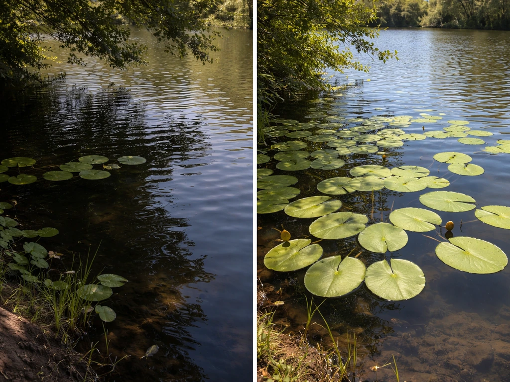 Split view of a pond: shaded left with few lily pads, sunny right with more thriving lily pads.