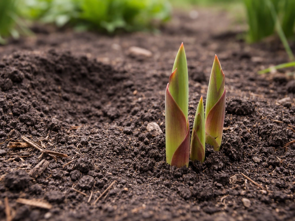 Canna lily shoots emerging from dark soil in early spring, with rhizome planting area nearby