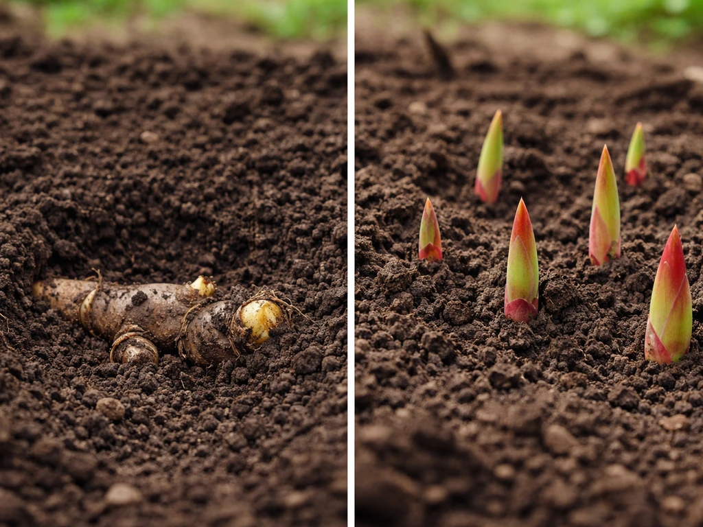 Canna rhizomes in bare soil with a nearby section showing tight red/green shoots emerging.