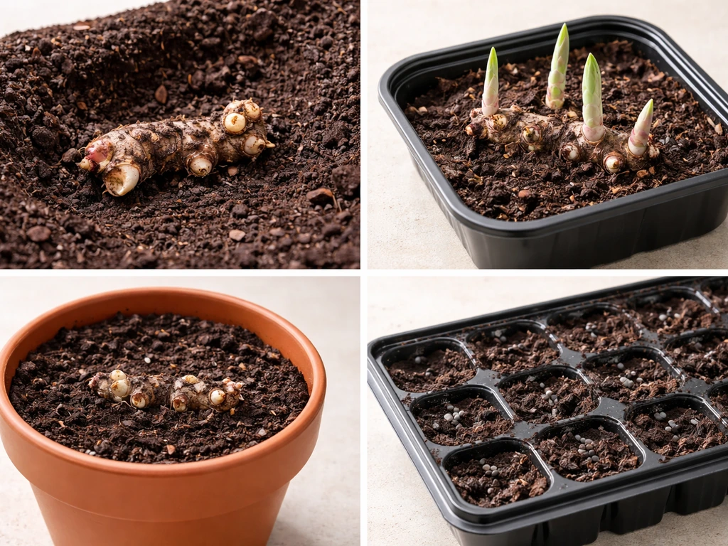 Minimal photo-style grid showing four anonymous plant-starting setups with empty space for text labels