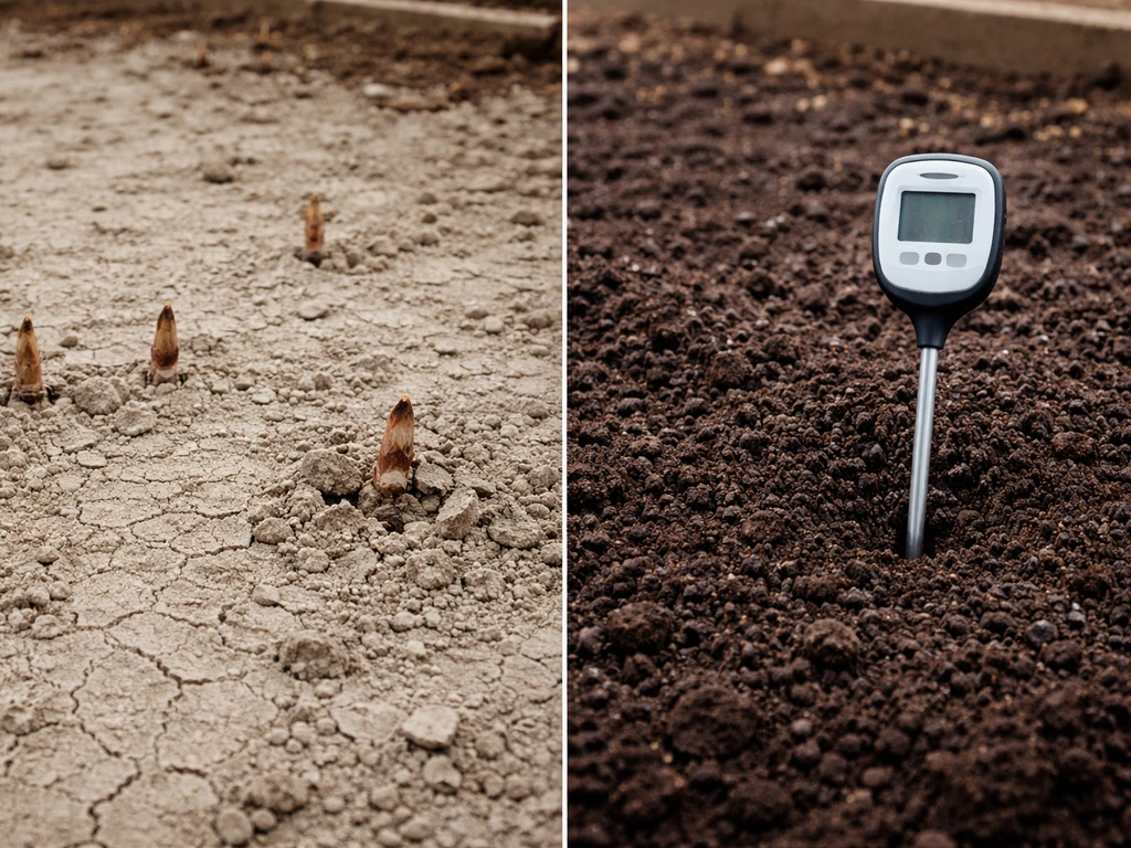 Split view of canna planting bed: cold dry soil beside warmed moist soil with a soil thermometer