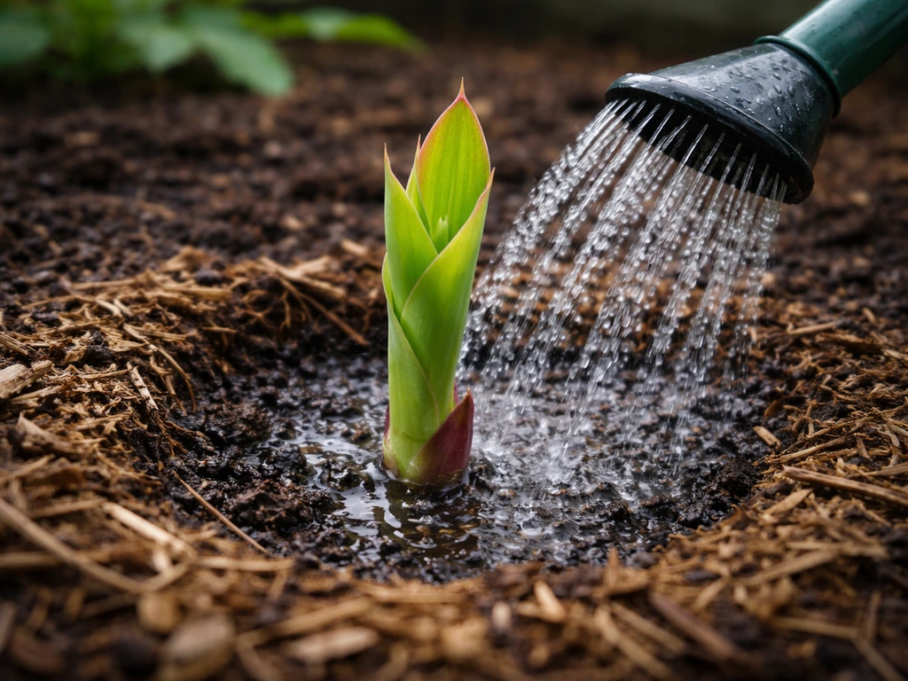New canna shoot just emerged as a watering can waters the base with mulch nearby.