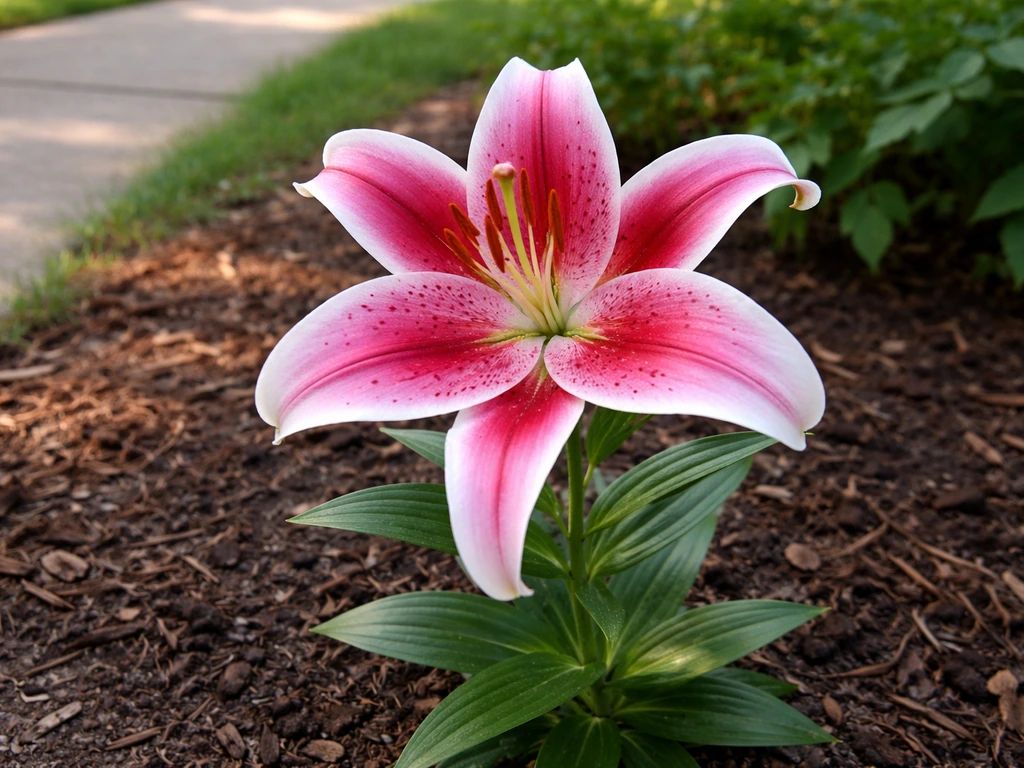Stargazer lily thriving outdoors in a garden bed beside a walkway, bright blooms in natural light.