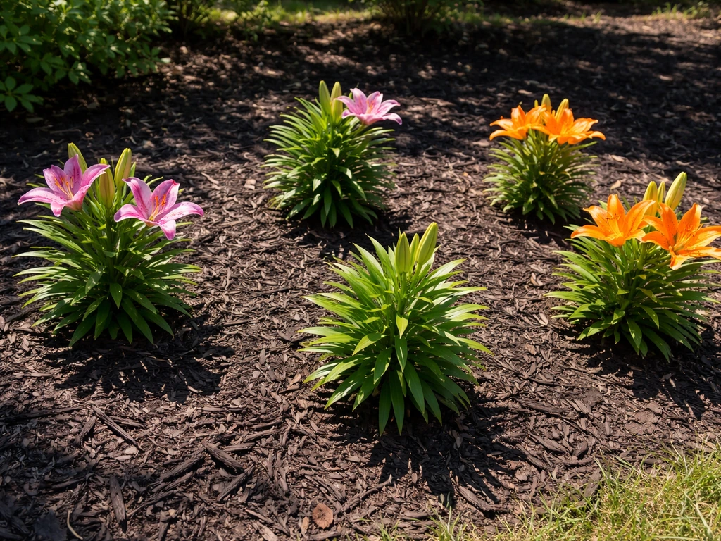 Bright full-sun garden with lilies planted in open ground, leaves dry, and space for airflow.
