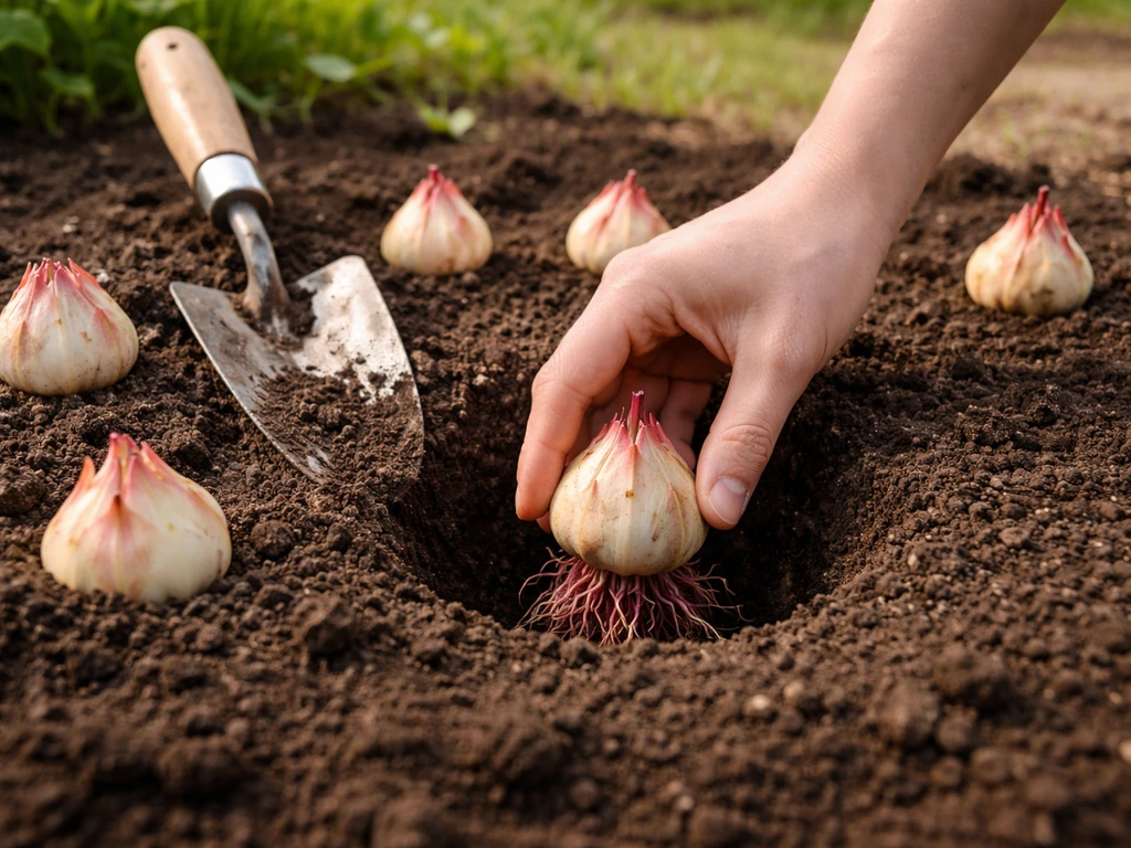 Hand placing a stargazer lily bulb into a garden bed hole with a small trowel.