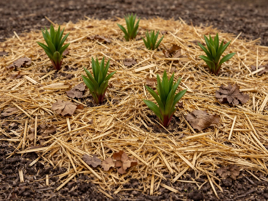 Garden bed with stargazer lily plants covered by thick straw mulch for winter frost protection