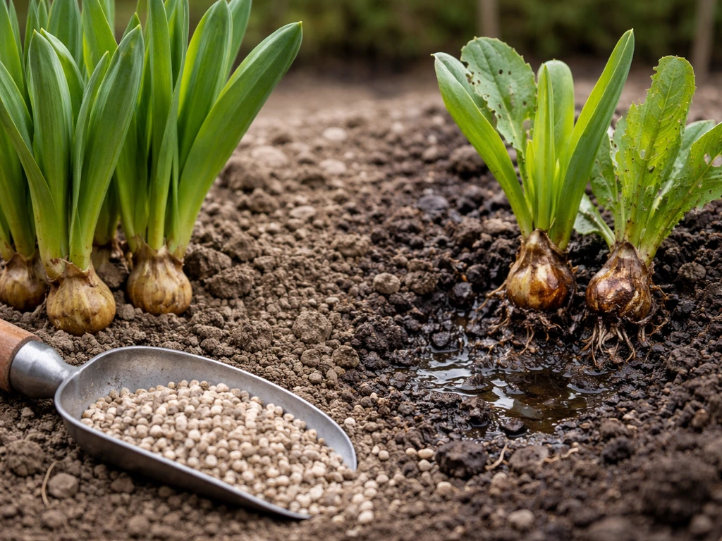 Garden bed with healthy bulbs and waterlogged, rotting bulbs beside them, showing drainage and leaf-damage contrast.