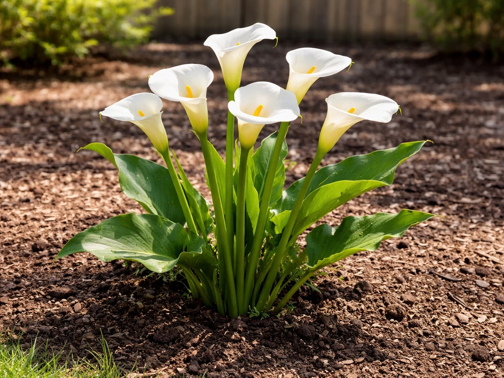 White calla lilies thriving in a sunny Michigan garden bed with lush green leaves.