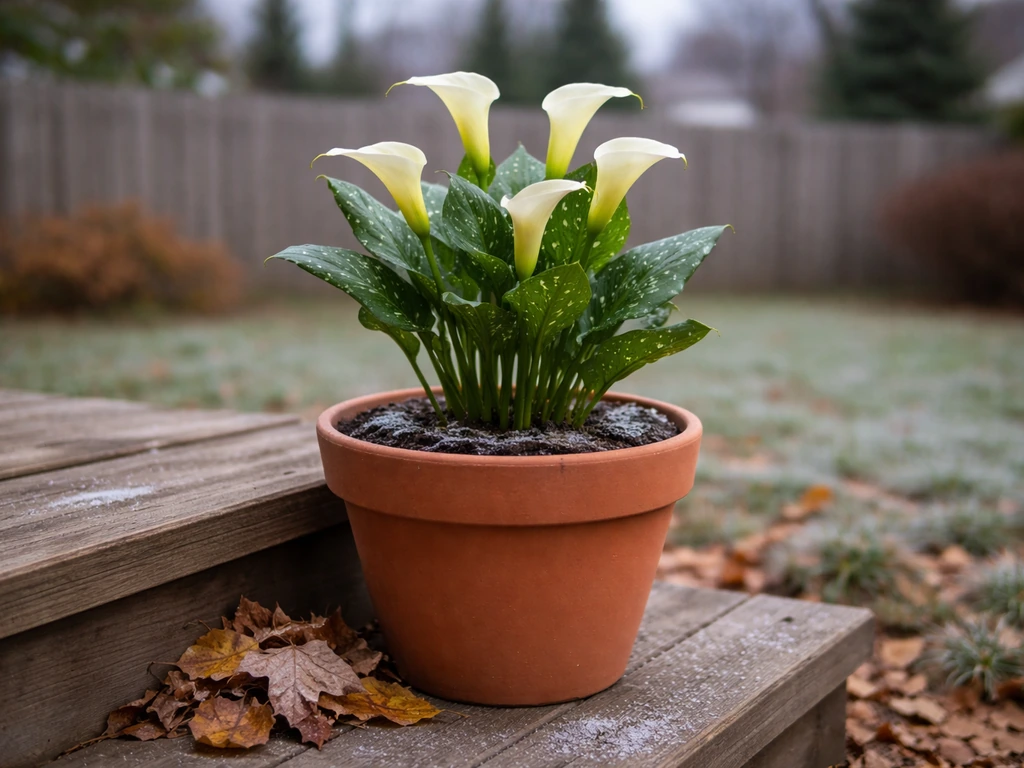 Calla lily in a terracotta pot with faint frost on the soil, evoking Michigan’s cold climate zones.