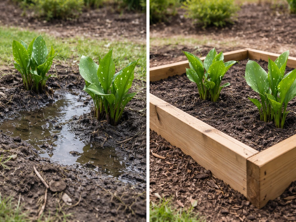 Split view of boggy low spot and raised, well-drained container bed for calla lilies with moist soil