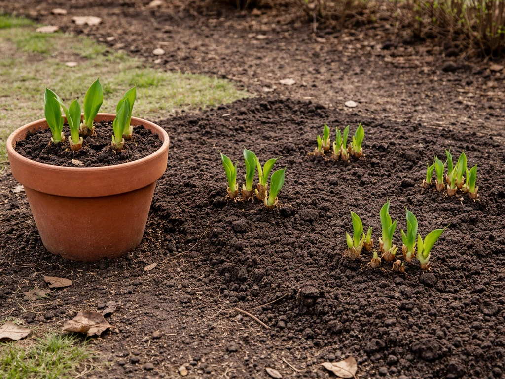 Clay pot with calla lily shoots beside a small garden bed of rhizome clumps outdoors