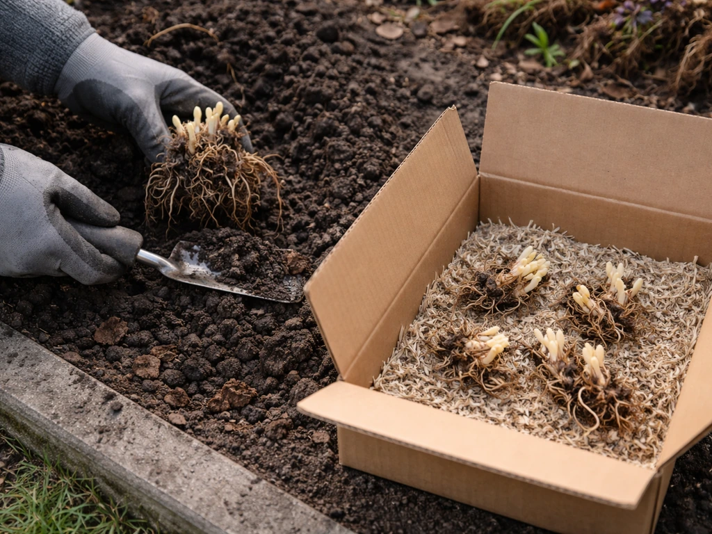 Gloved hands lift calla lily rhizomes and place them into a dry, ventilated cardboard box after frost.