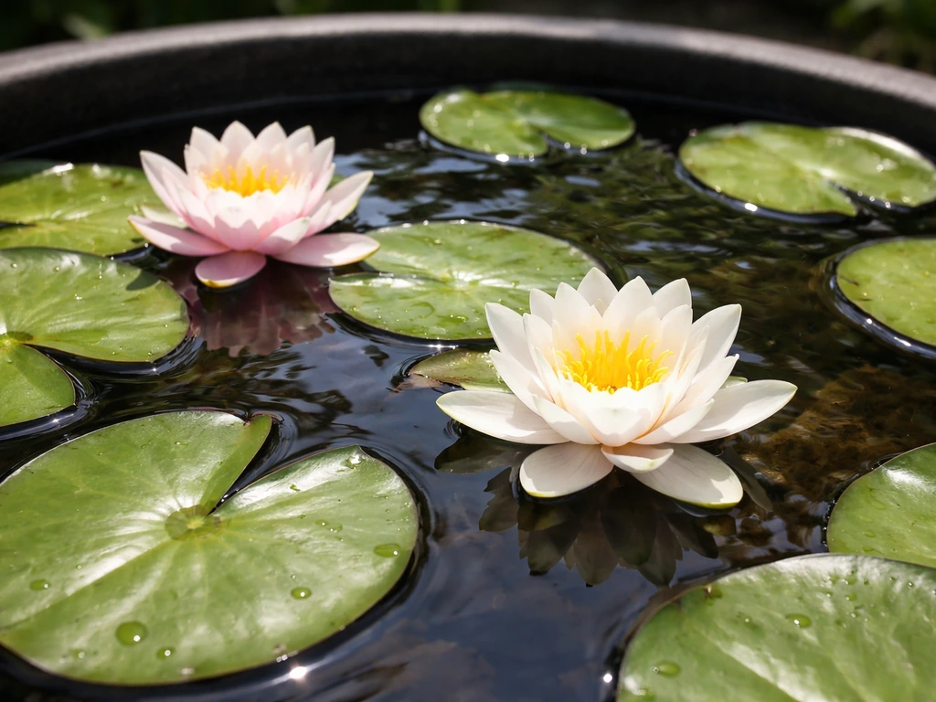 Close-up of thriving water lilies with fresh blooms and floating leaves in a sunlit pond
