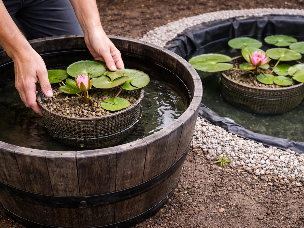 Beginner patio setup showing water lily baskets placed correctly in a tub and an in-ground pond.