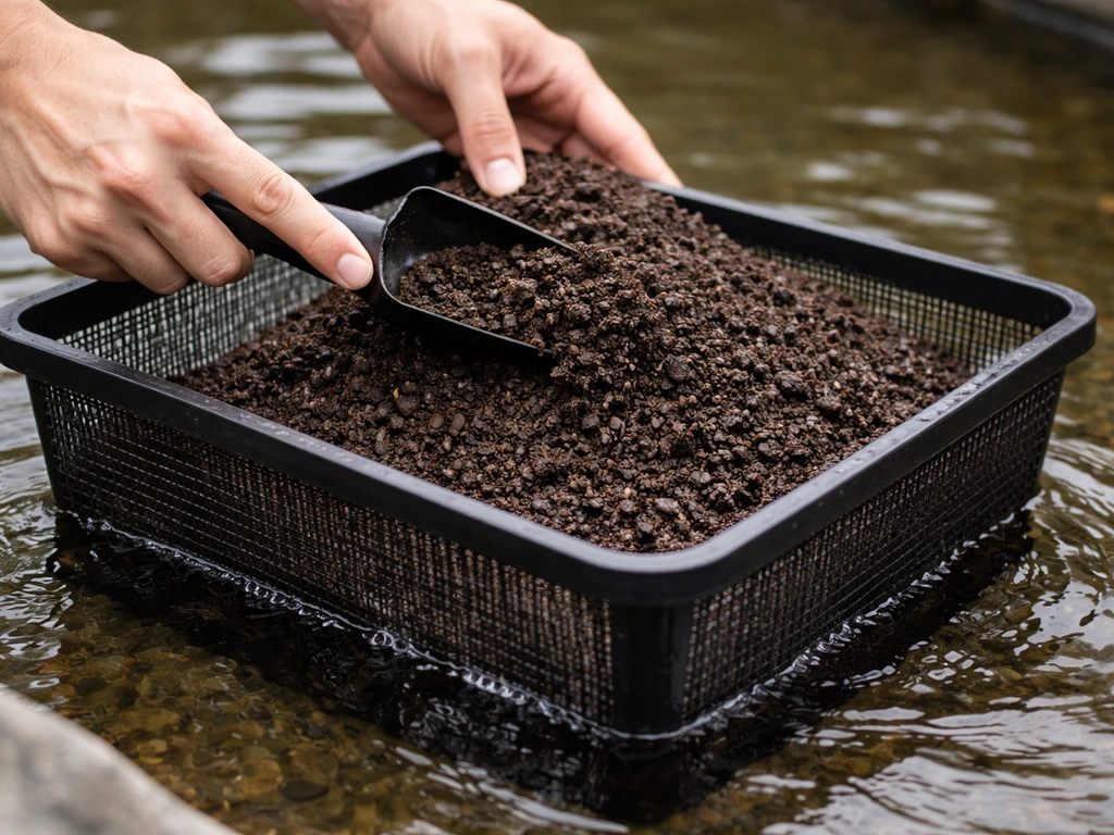 Close-up of a mesh aquatic planting basket in water being filled with aquatic compost