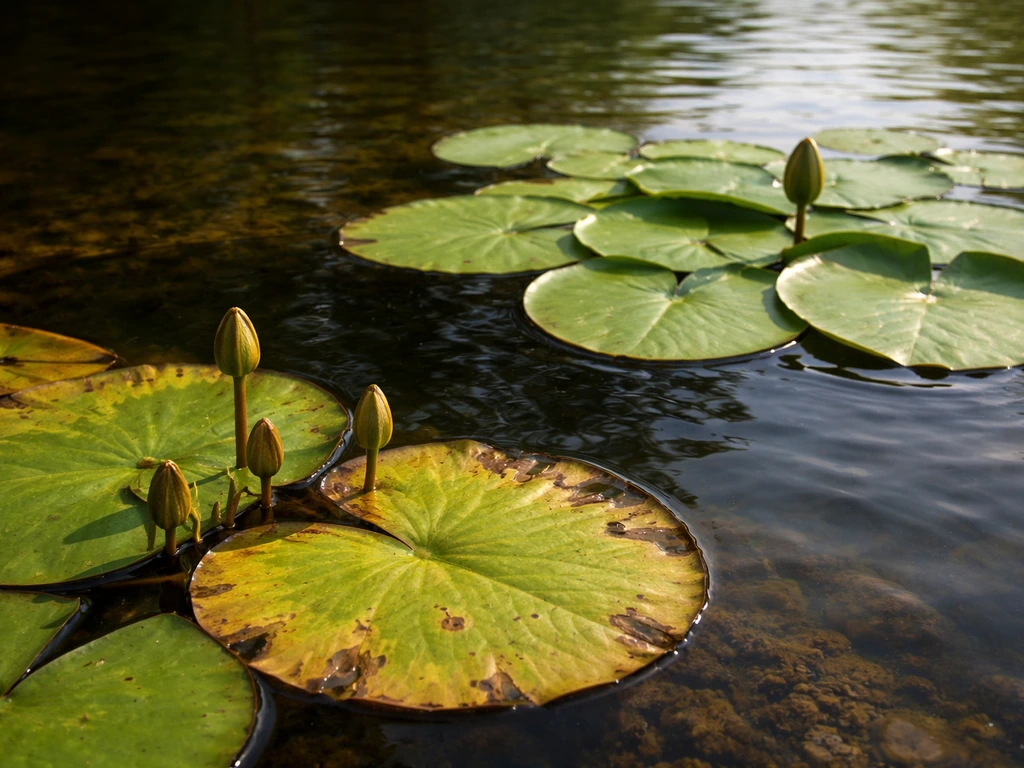 Close-up of water lily leaves in a pond with visible yellowing and healthy green pads, hinting at sun/depth issues.