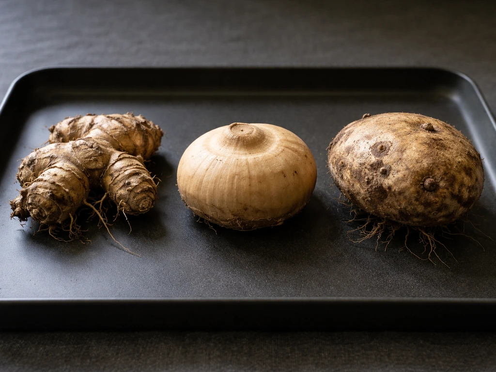 Three distinct Calla-like underground pieces—rhizome, corm, and tuber—laid side by side on a dark tray.