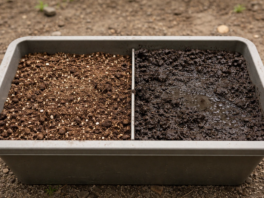 Garden container showing a loose, well-draining calla-lily soil mix beside darker waterlogged soil