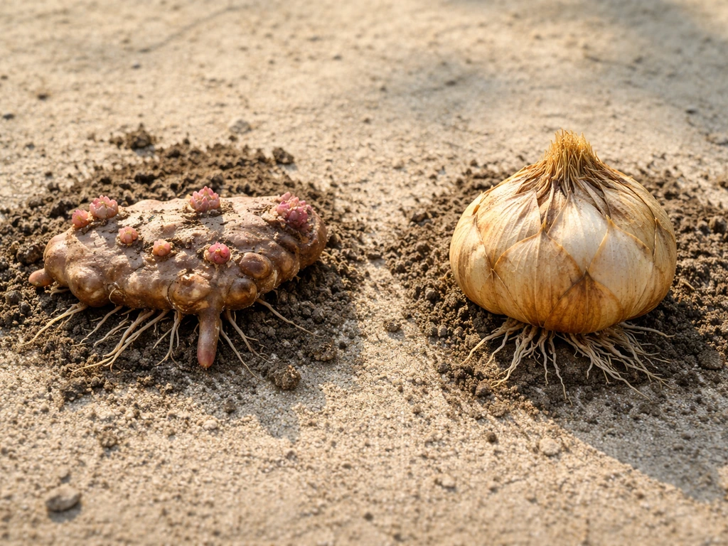 Two gardening bulbs side by side showing calla rhizome texture and a true lily bulb’s scaly look.