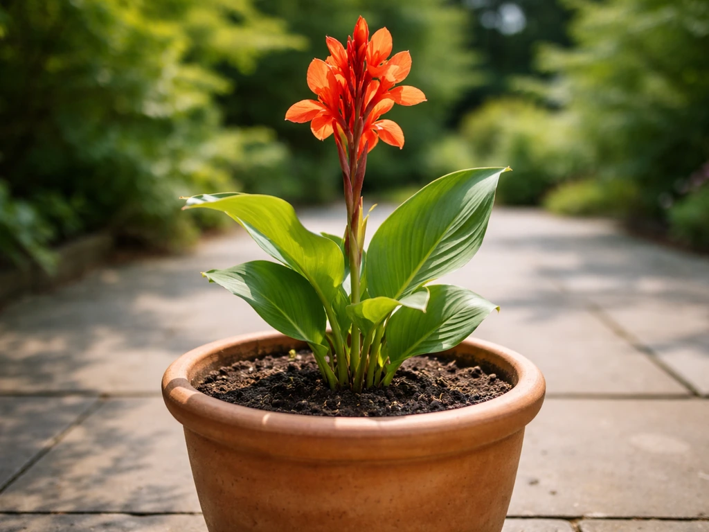 Blooming canna lily in a large outdoor container pot with lush green leaves
