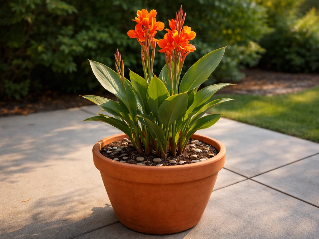 Canna lilies in a terracotta pot on a patio with lush green leaves and warm sunlight