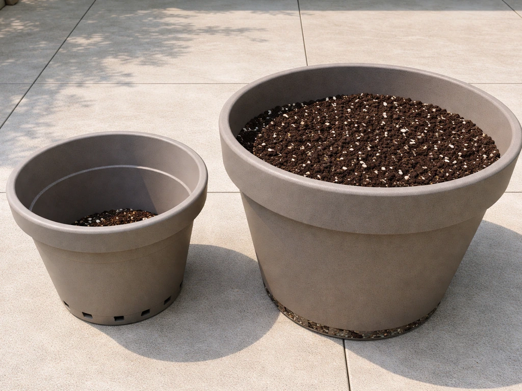 Two canna lily planters side by side showing drainage holes and the larger pot filled with airy soil.