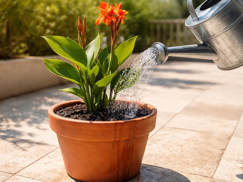 Gardener watering a potted canna lily in full sun on a patio, using a watering can