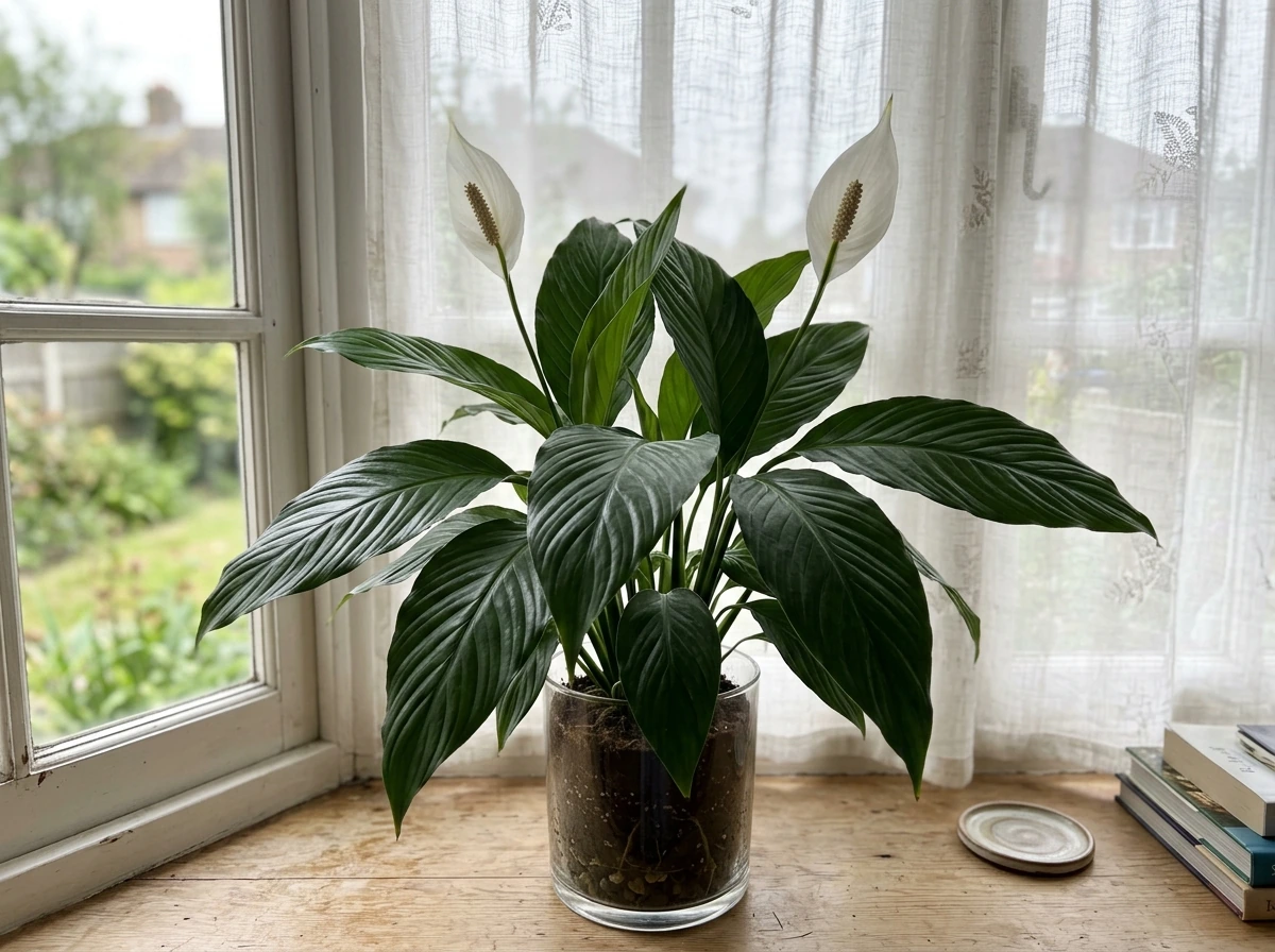 Peace lily leaves near a window showing bright indirect, no direct sun