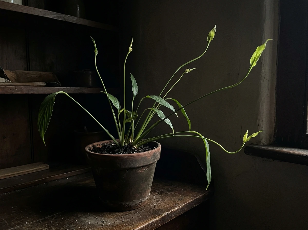 Peace lily with leggy growth and fewer blooms from low light