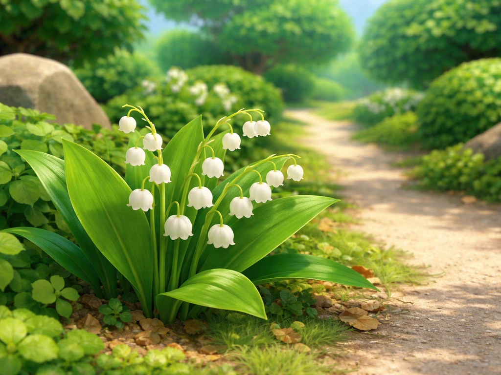 Close-up of lily of the valley flowers blooming amid neatly landscaped greenery on an ACNH island