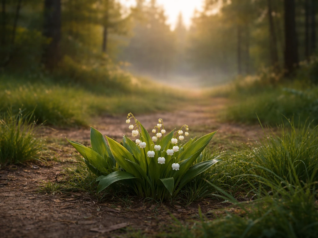 Minimal in-game forest clearing with lily of the valley buds and blossoms on the ground, dawn light.