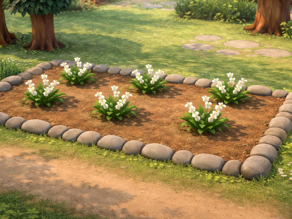 Minimal ACNH island plot showing evenly spaced lily of the valley flowers in a dedicated growing zone.
