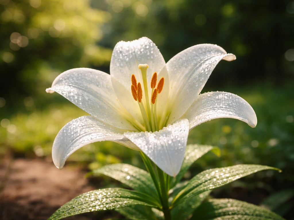 Dewy white lily in warm sunlight with soft garden bokeh, conveying purity and fresh growth.