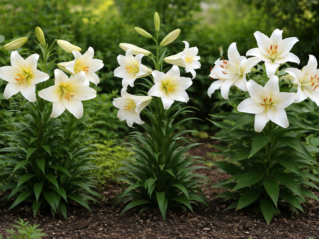 Three white lilies—Madonna, Easter, and another white type—growing side-by-side in a garden border.