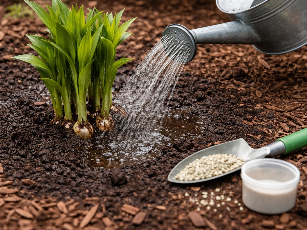 Watering lilies with a can beside a small gardening fertilizer kit in a neat garden bed