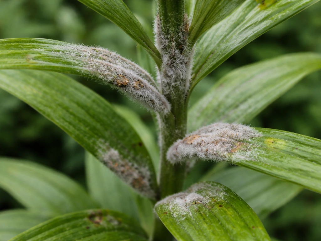 Close-up of lily leaves and stem covered with gray, fuzzy fungal mold (Botrytis blight).